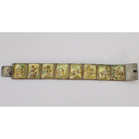 Silver Tone Mother of Pearl Hand Painted Lacquered Panel Story Siam Bracelet - Picture 1 of 10